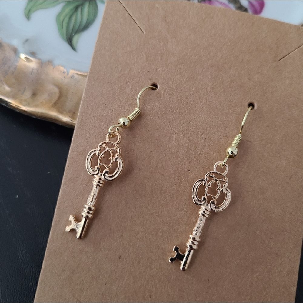 New Handcrafted Antique Key Dangle Earrings on 14K Gold Plated Hooks
